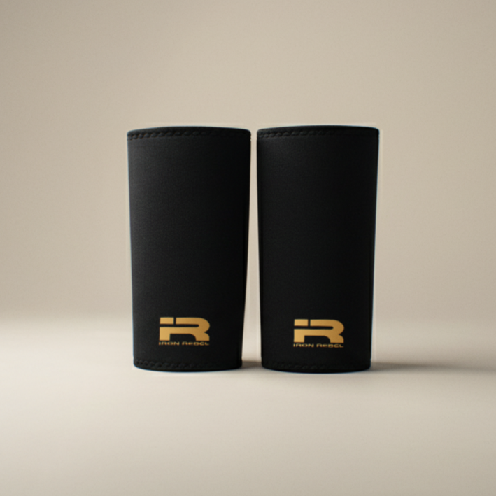 Close-up photo of a pair of black Iron Rebel PR Cone Knee Sleeves made from neoprene with reinforced stitching. The gold Iron Rebel logo is printed near the bottom. Premium knee support for heavy lifting, powerlifting meets, weightlifting, and maximizing your PR (Personal Record).